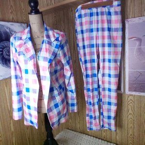 Silky Pink and Blue Plaid Pajama Set